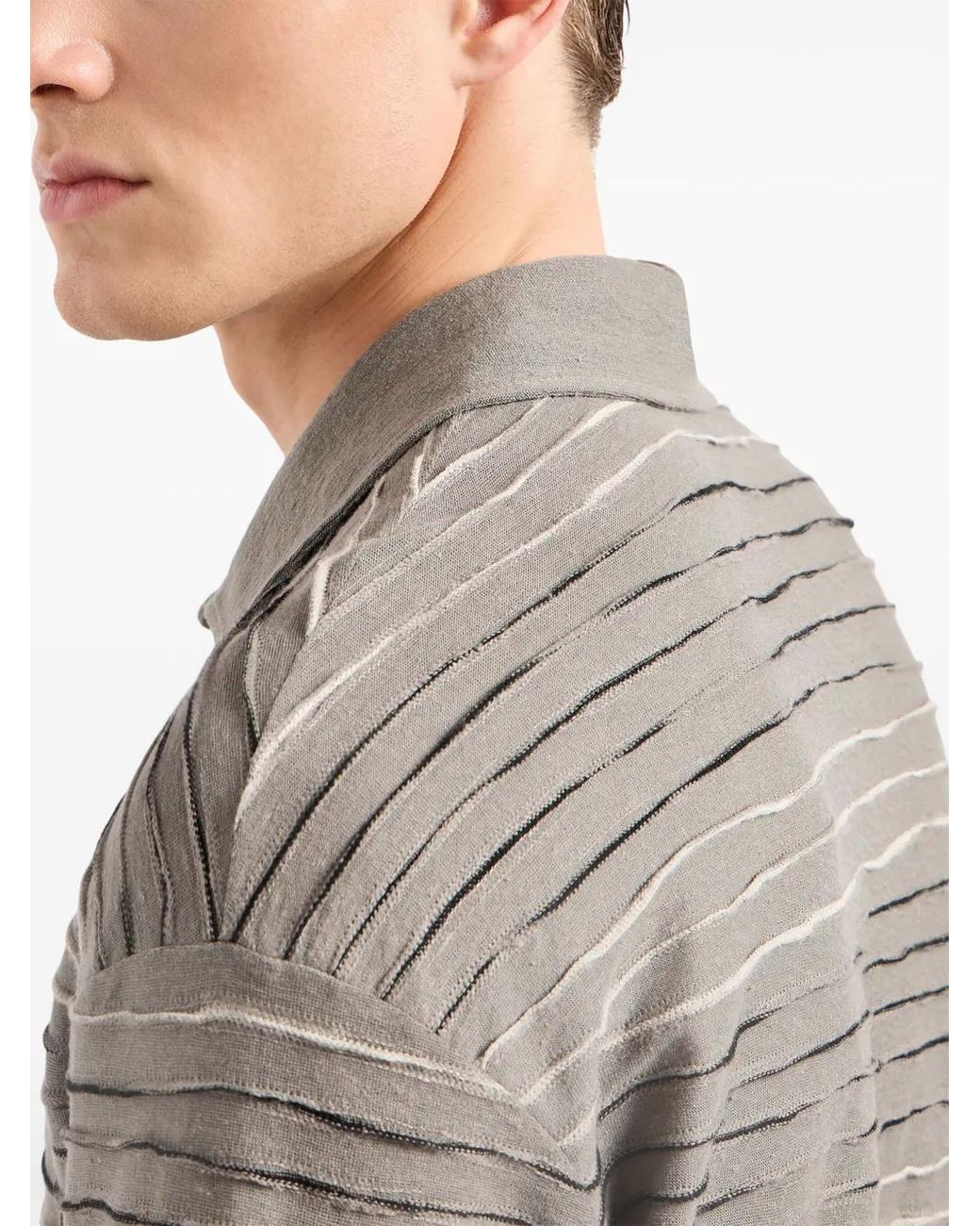 Giorgio Armani Gray Striped Linen-Blend Polo Shirt for men