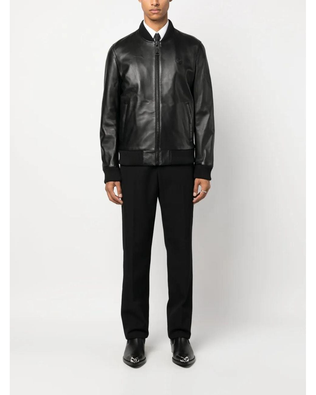 Philipp Plein Black Skull&Bones Leather Jacket for men