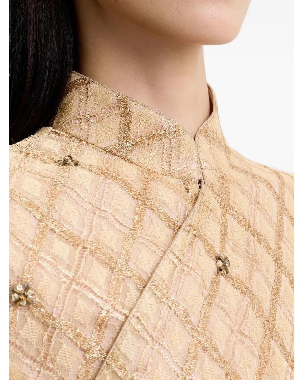 Shanghai Tang Natural Qipao Latticework Embellished Top