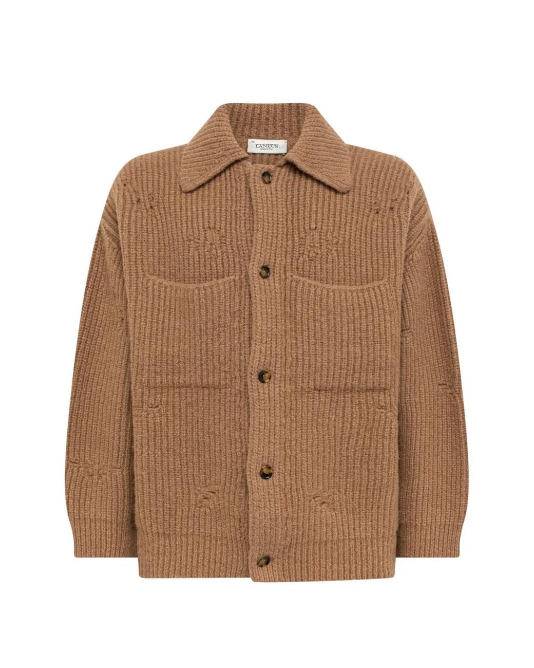 Laneus Brown Ribbed-Knit Distressed Cardigan for men