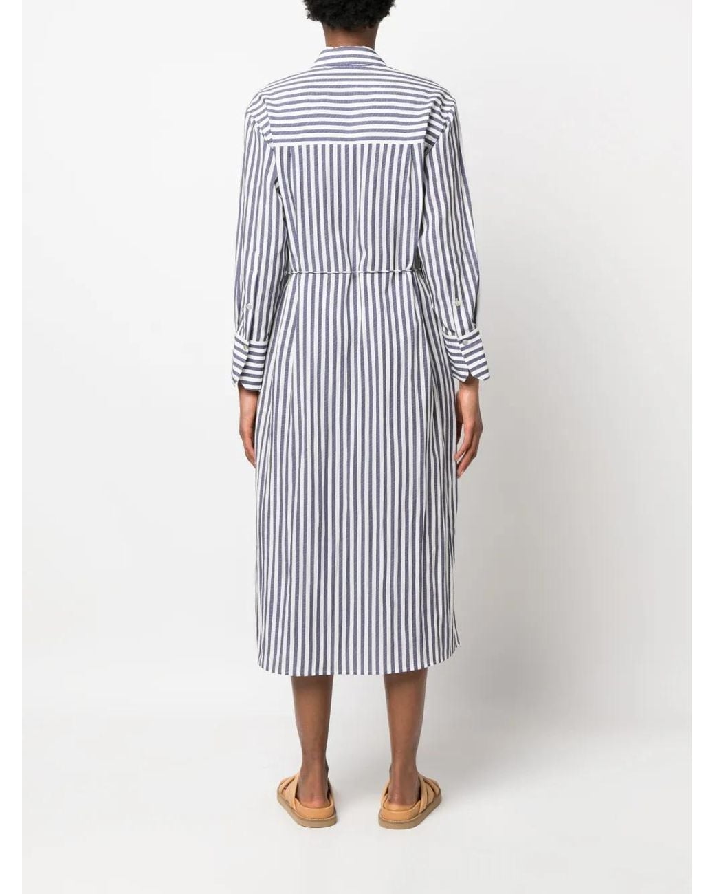 Vince Blue Striped Belted Midi Shirt Dress