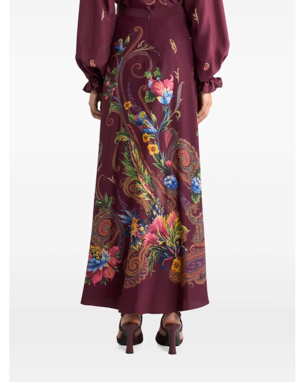 Etro Red Silk Maxi Skirt With Placed Floral Paisley Print