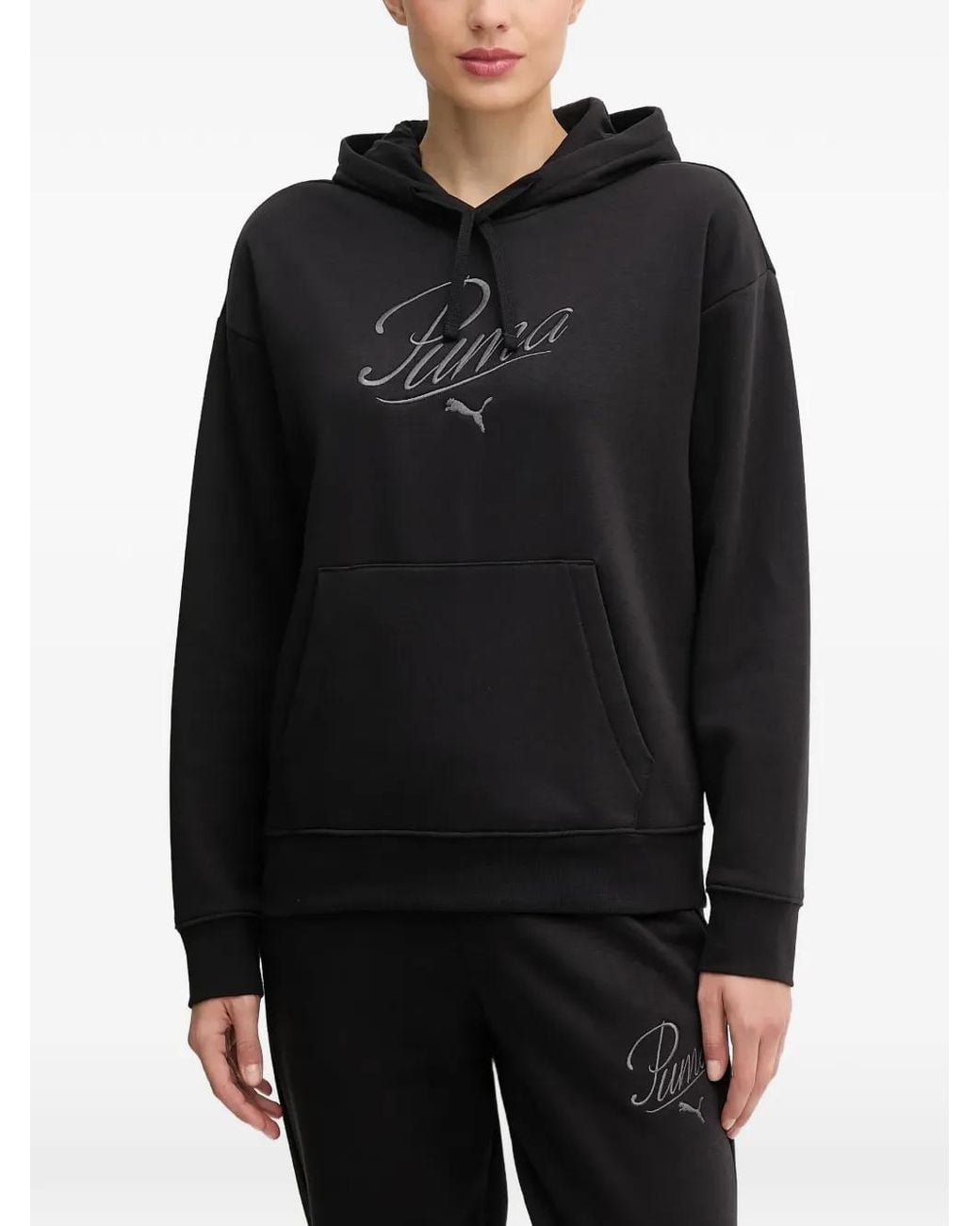 PUMA Black Logo-Embroidered Drawstring Hoodie