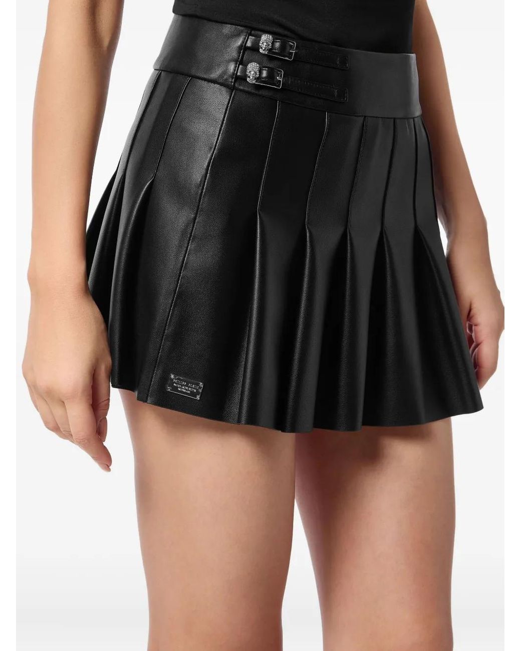 Philipp Plein Black Leather Pleated Mini Skirt