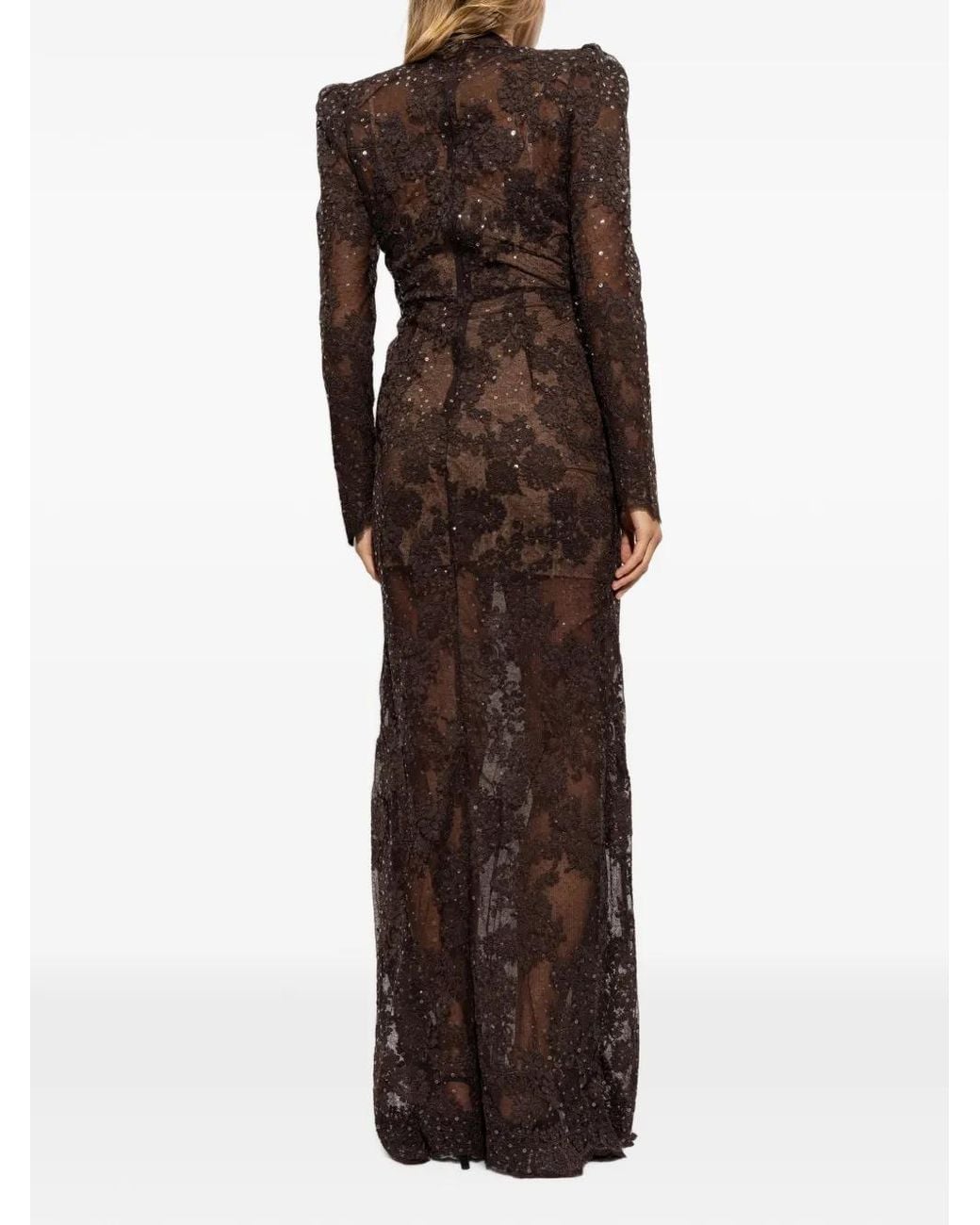 Self-Portrait Brown Sequin-Embellished Lace Maxi Dress