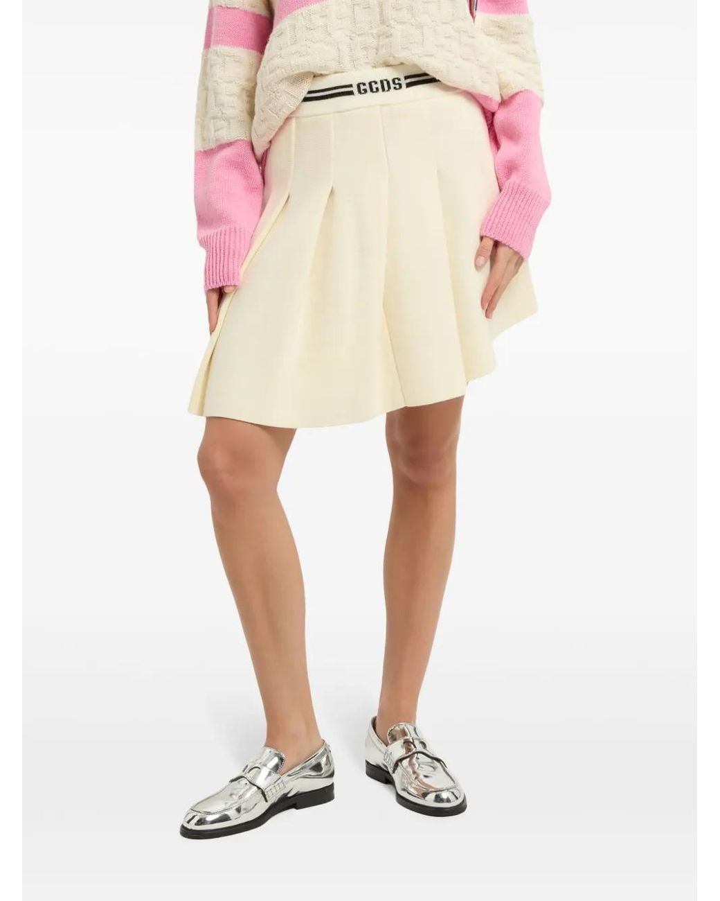 Gcds Natural Pleated Knit Asymmetric Skirt