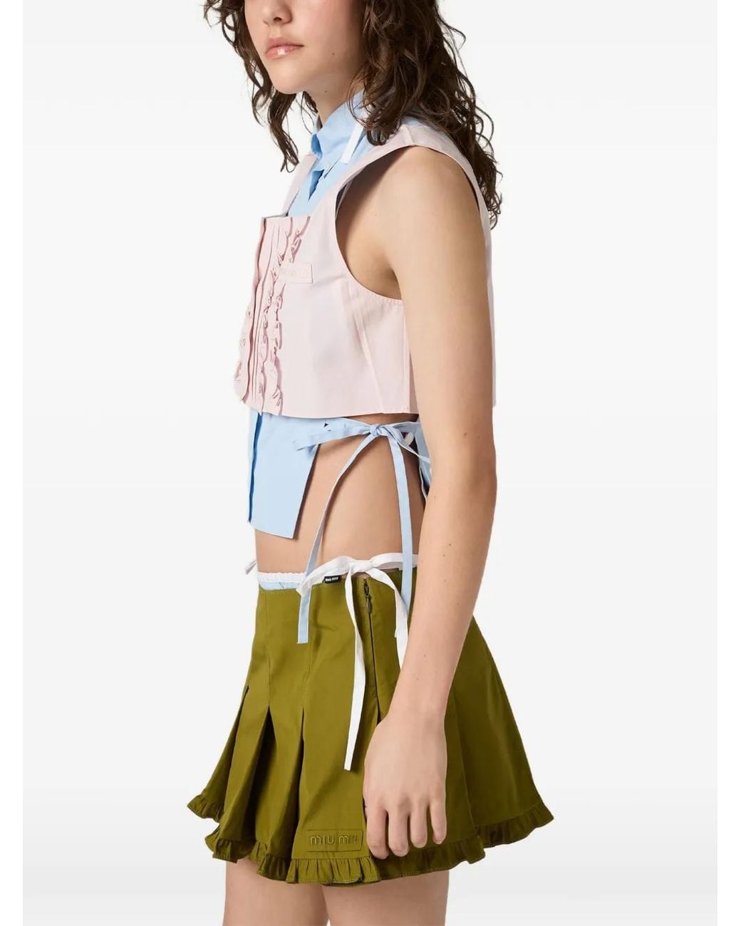 Miu Miu Green Poplin Pleated Miniskirt