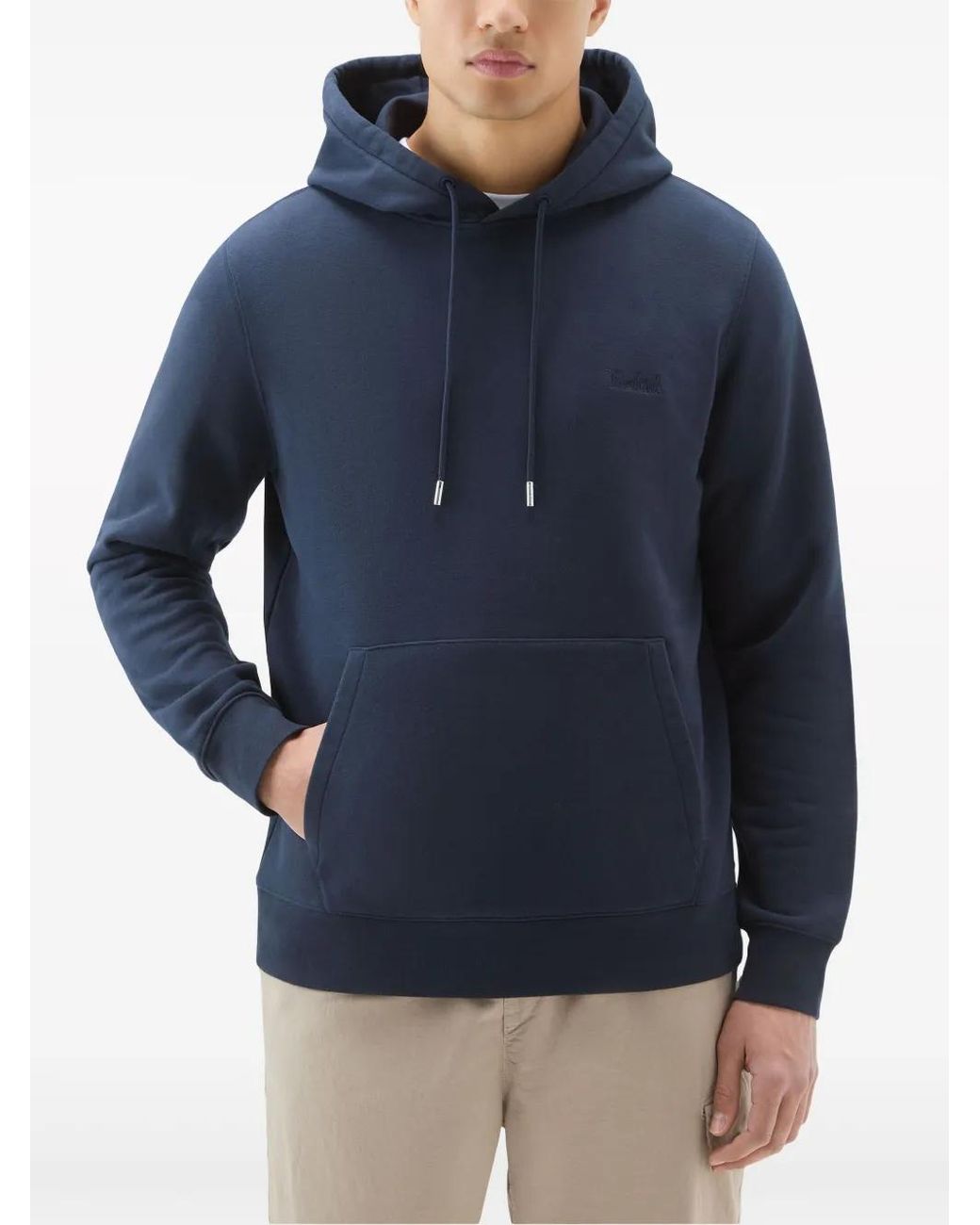 Woolrich Blue Cotton Blend Hoodie With Kangaroo Pocket for men