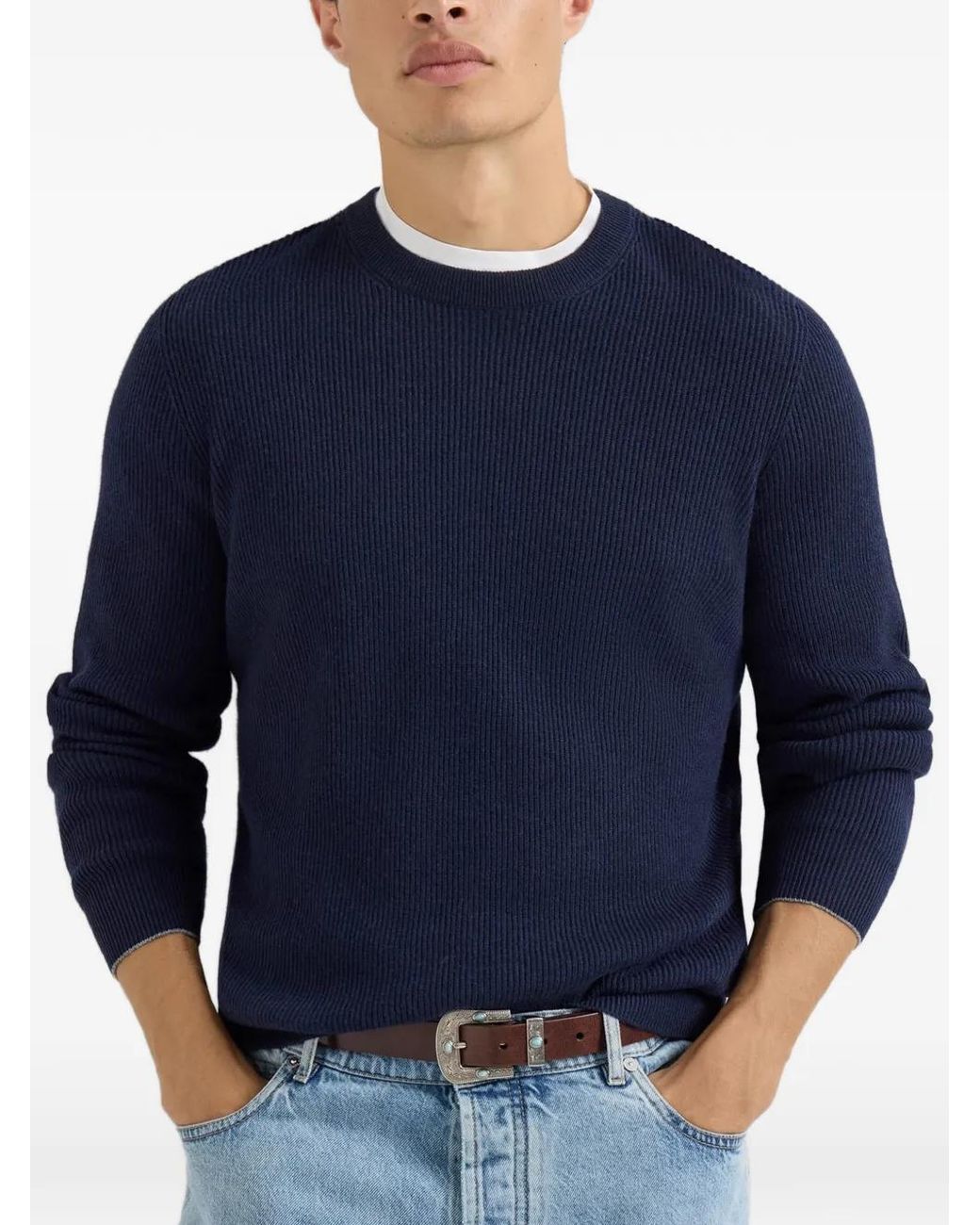 Brunello Cucinelli Blue Crew-Neck Cashmere Jumper for men