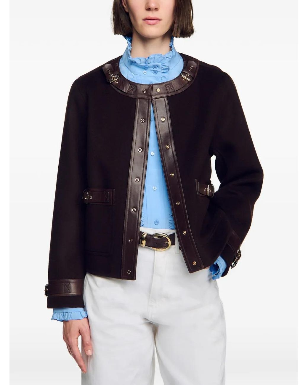 Sandro Black Short Coat With Leather Details