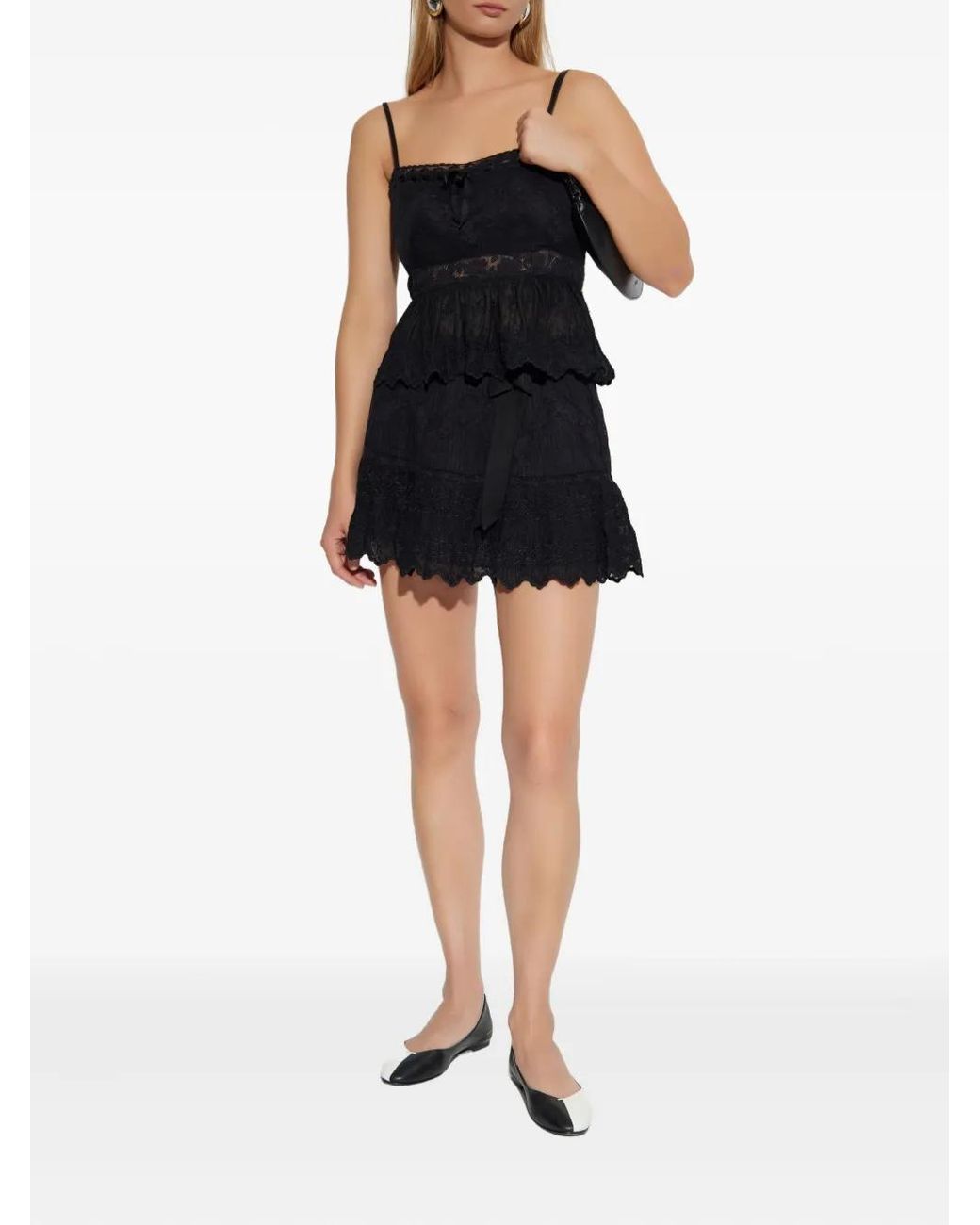 LoveShackFancy Black Embroidered Ruffled Skirt