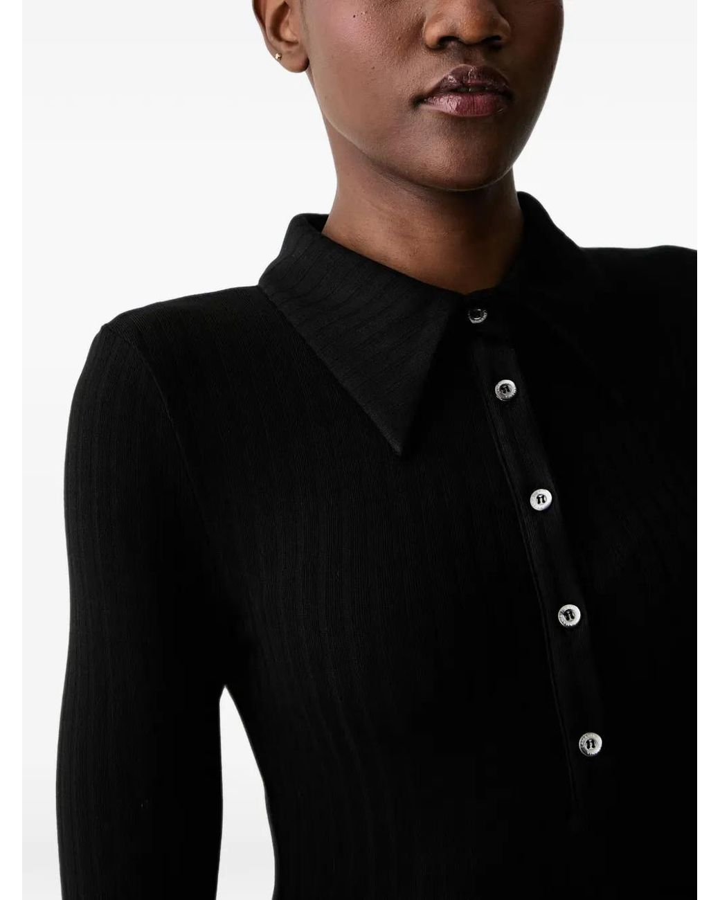 La Mania Black Ribbed-Knit Long-Sleeve Polo Shirt