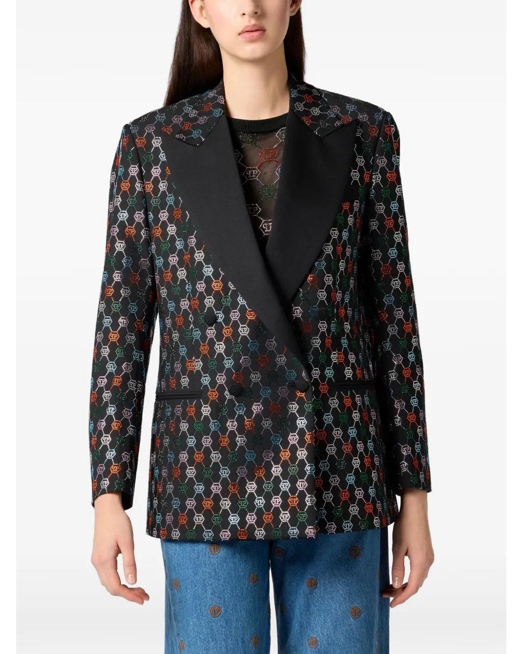 Philipp Plein Black Monogram-Strass Single-Breasted Blazer