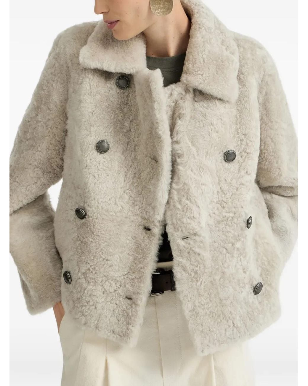 Brunello Cucinelli White Fuzzy Shearling Pea Coat