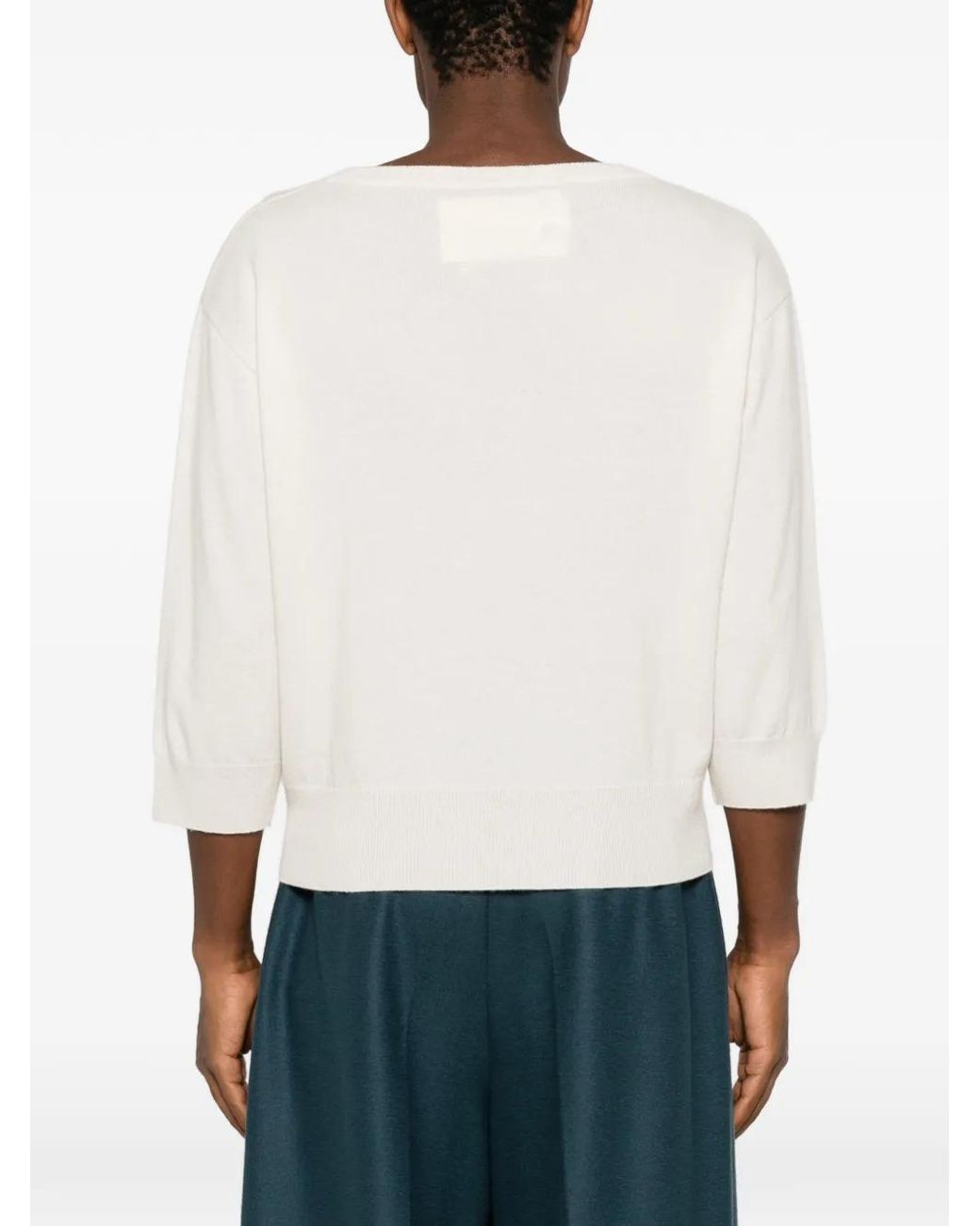 Extreme Cashmere White Pearl V-Neck Three-Quarter-Sleeve Sweater