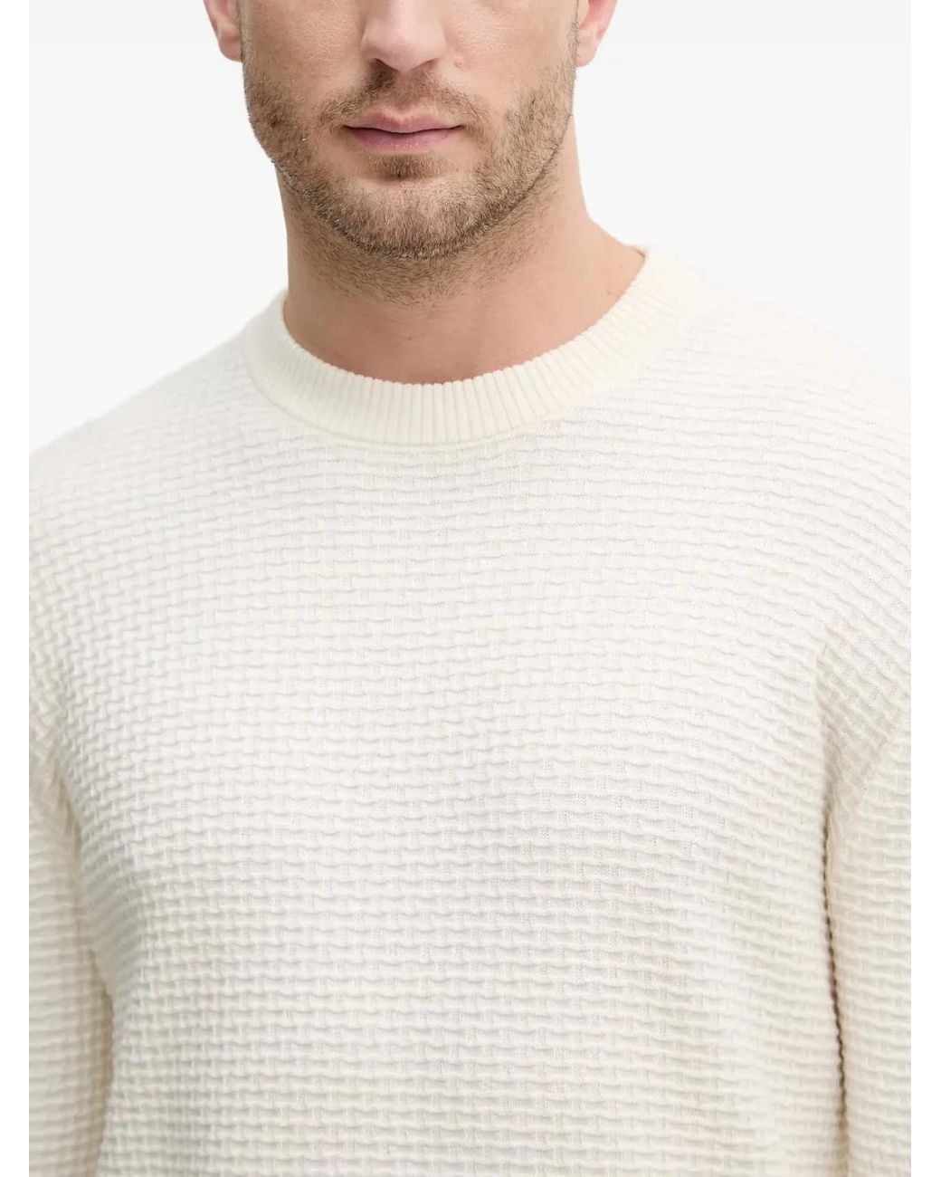 Sisley White Waffle-Knit Crew-Neck Sweater for men