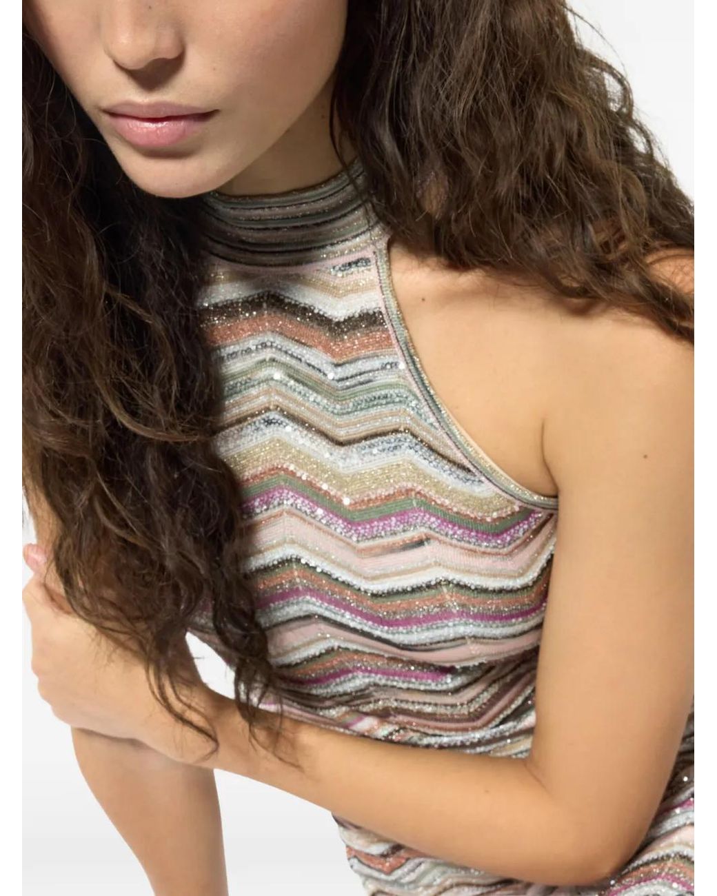 Missoni White Long Chevron Dress With Halterneck And Sequins