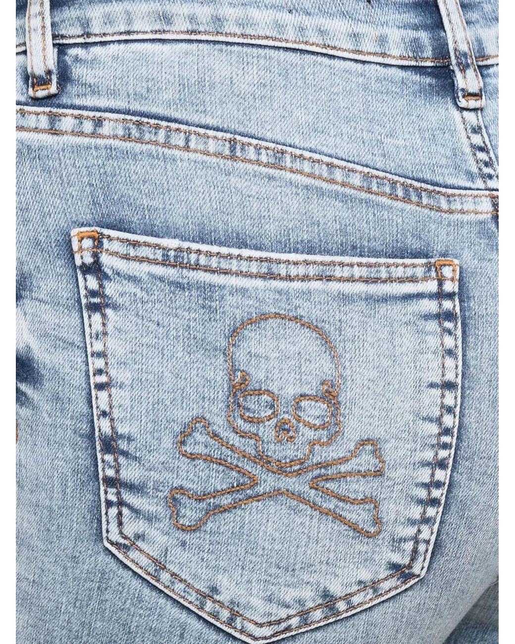 Philipp Plein Blue Skull Embroidery Skinny Jeans