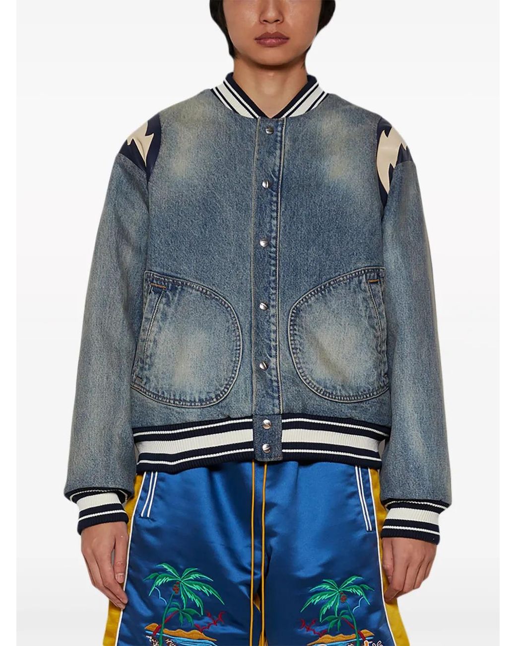 Rhude Gray Lightening Denim Bomber Jacket for men