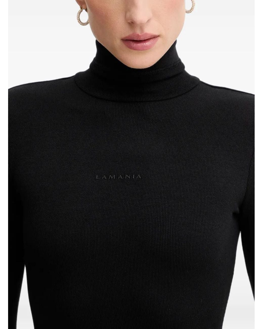 La Mania Black Ribbed-Knit Roll-Neck Mini Dress