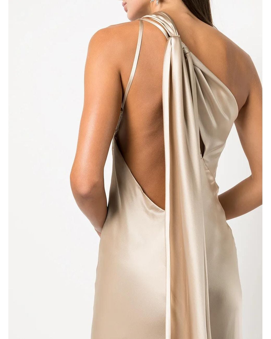 Michelle Mason Natural Side-Slit One-Shoulder Gown