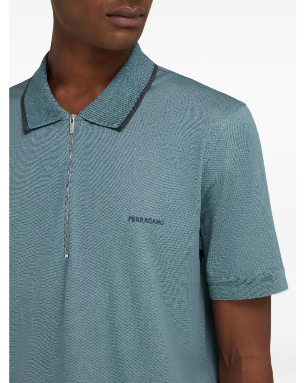 Ferragamo Blue Cotton Polo Shirt With Zip Detail for men