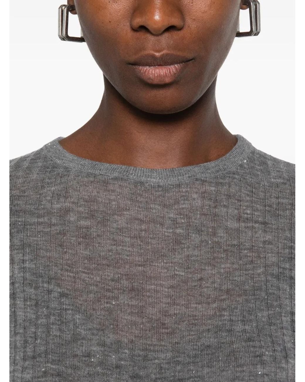 ELEH Gray Ribbed-Knit Sequin-Embellished Sweater