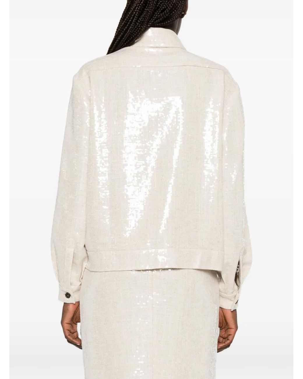 Kiton White Sequin-Embellished Button-Up Jacket