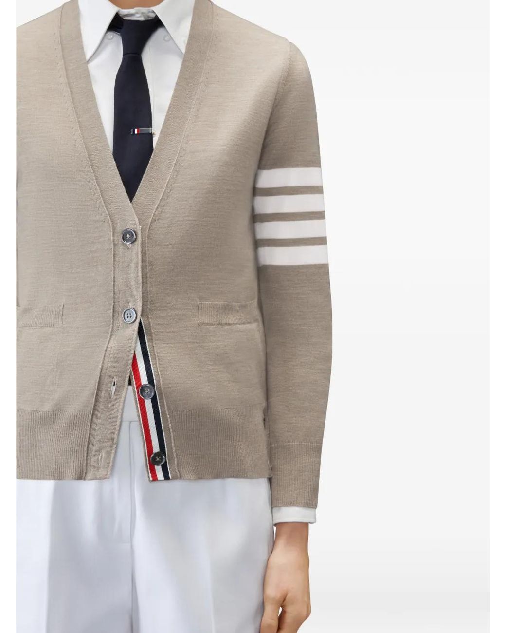 Thom Browne Natural Merino Wool 4-Bar Relaxed Fit V-Neck Cardigan
