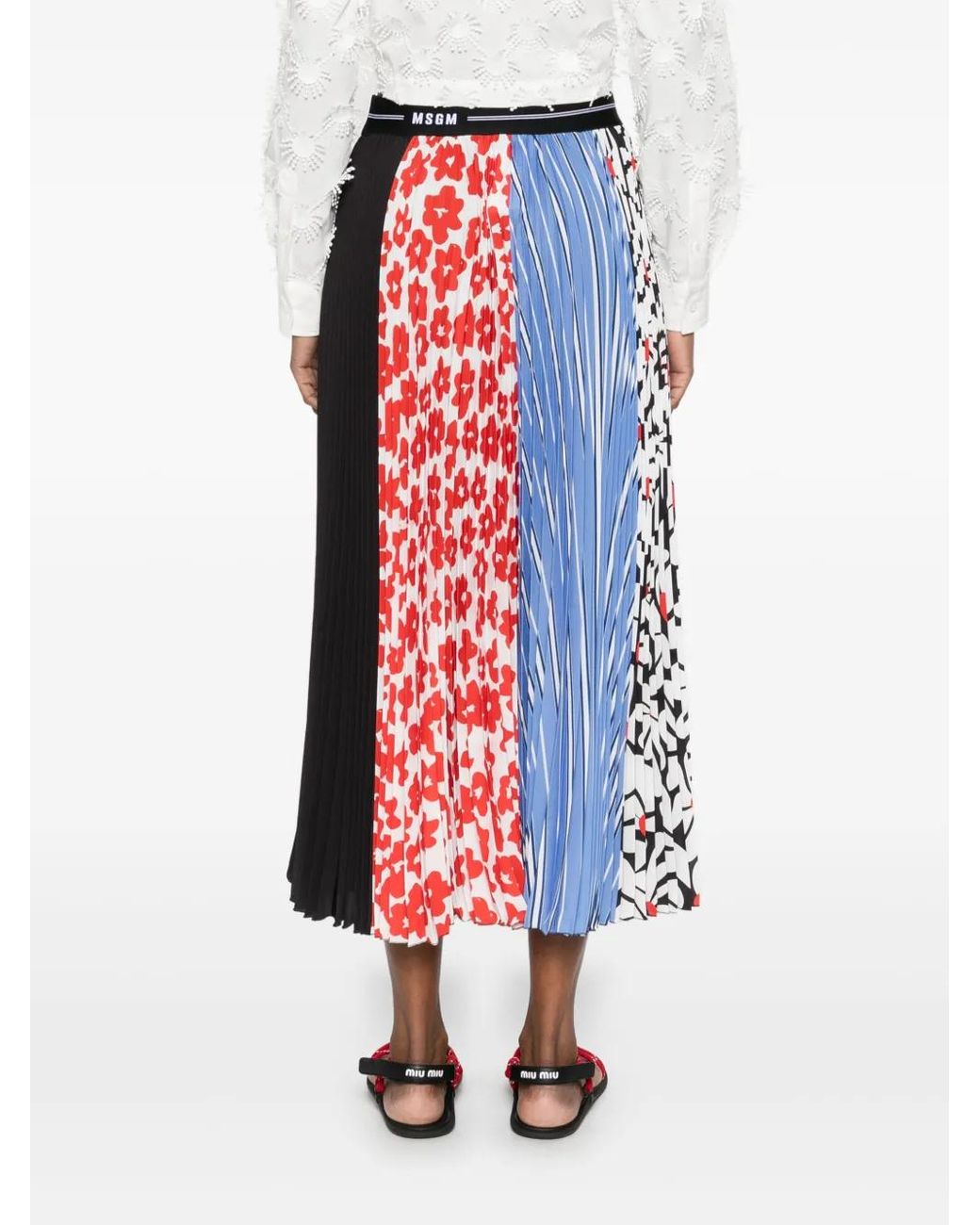MSGM Red Mix-Print Midi Skirt