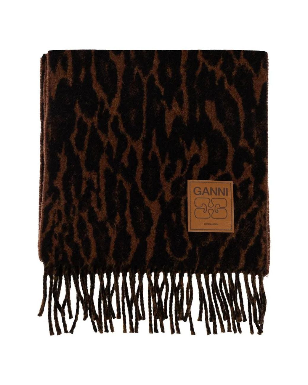 Ganni Black Animal-Motif Fringed Scarf