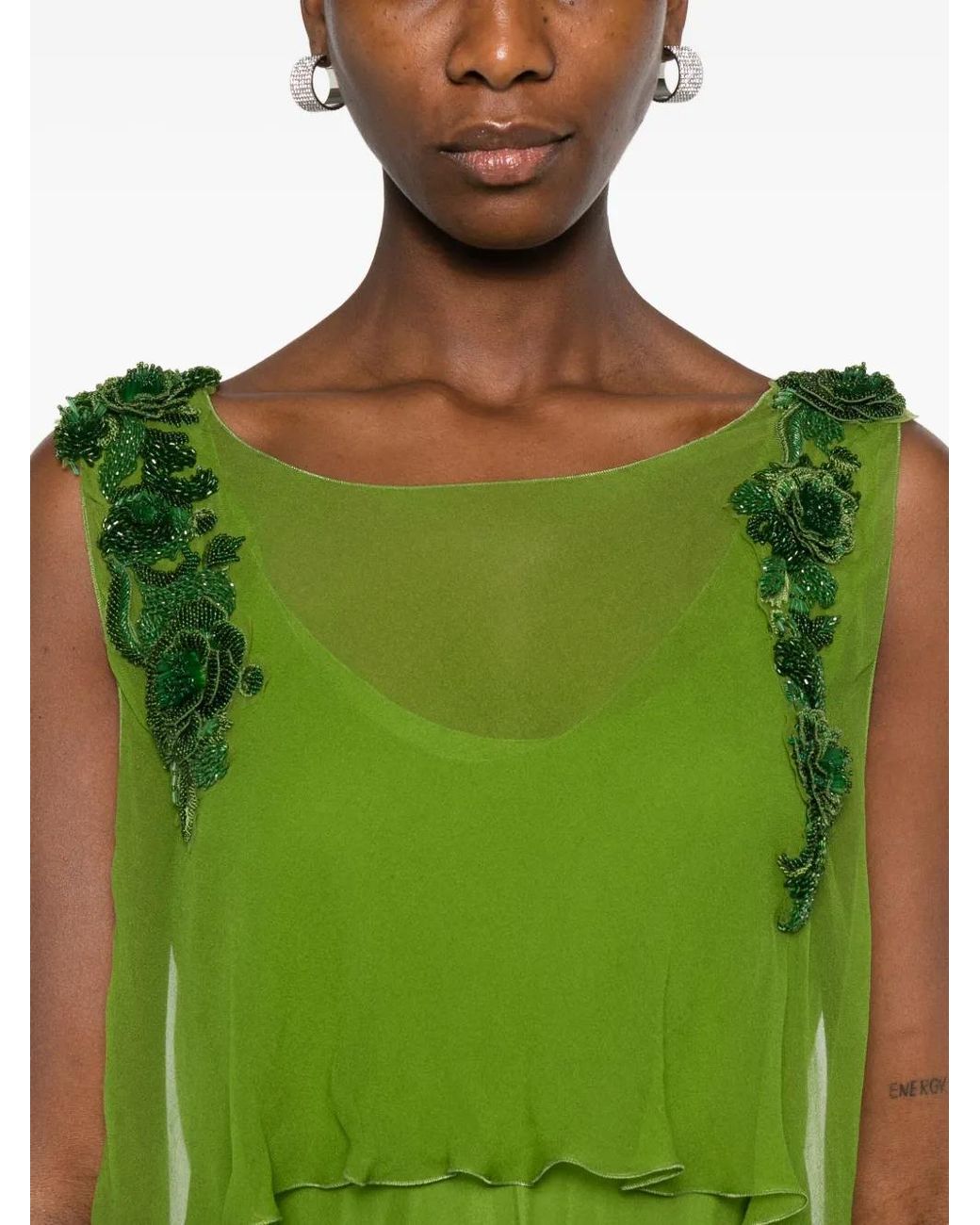 alberta ferretti green dress Embellished-Waist Silk Maxi Evening Gown in c&s25