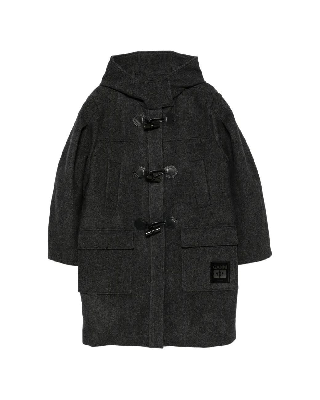 Ganni Black Hooded Toggle-Fastening Coat