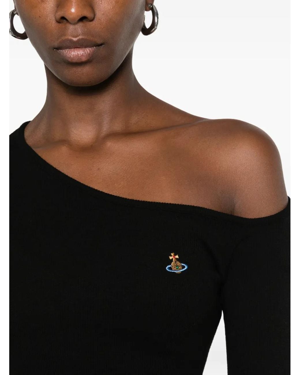 Vivienne Westwood Black Orb-Embroidered Asymmetric-Neck Top