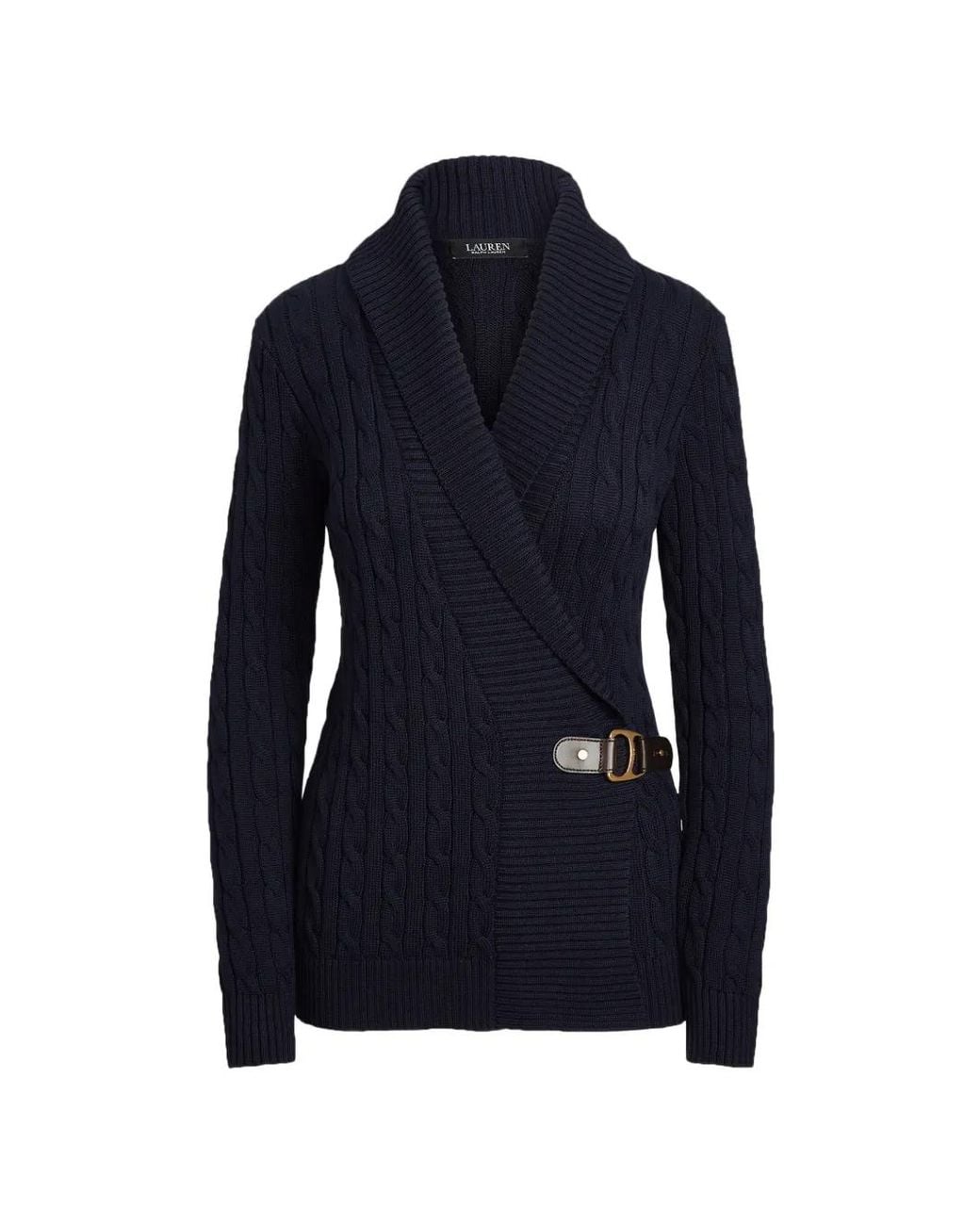 Ralph Lauren Blue Cardigan Ceinturé En Maille Torsadé