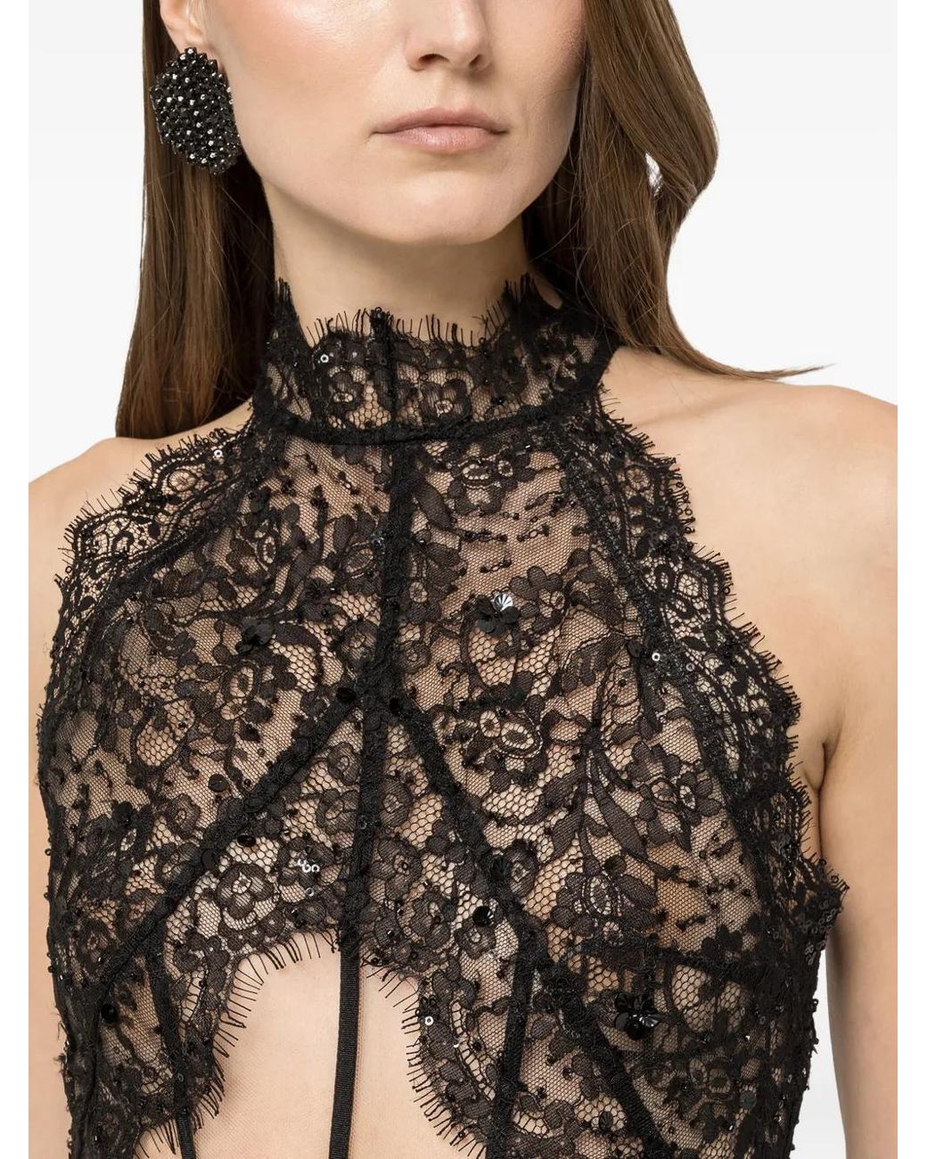 Nissa Black Sequin Lace Bodysuit