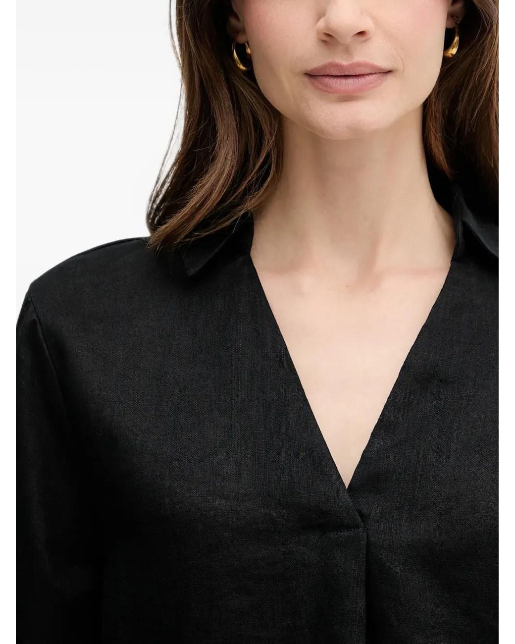 Benetton Black V-Neck Collared Blouse