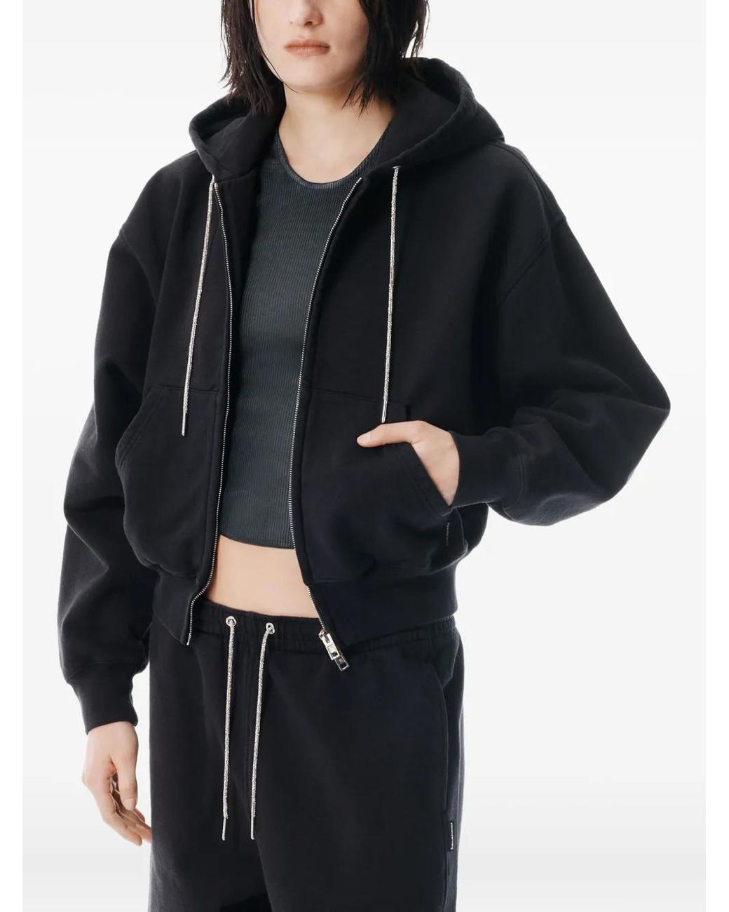 Alexander Wang Black Rhinestone-Drawcord Zip-Up Hoodie