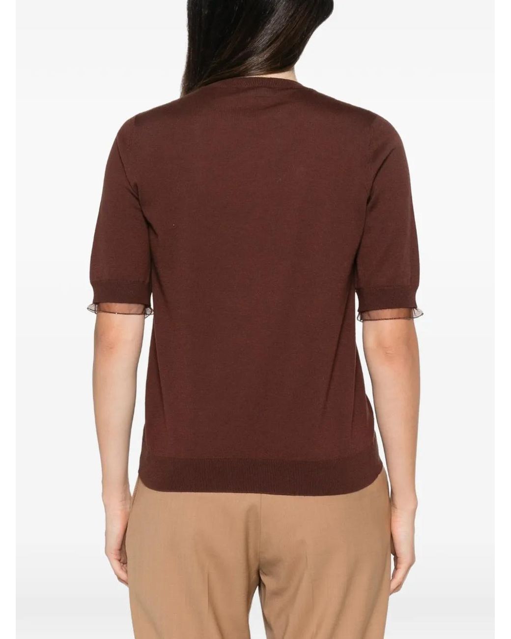 Fabiana Filippi Brown Tulle-Trim Short-Sleeve Top
