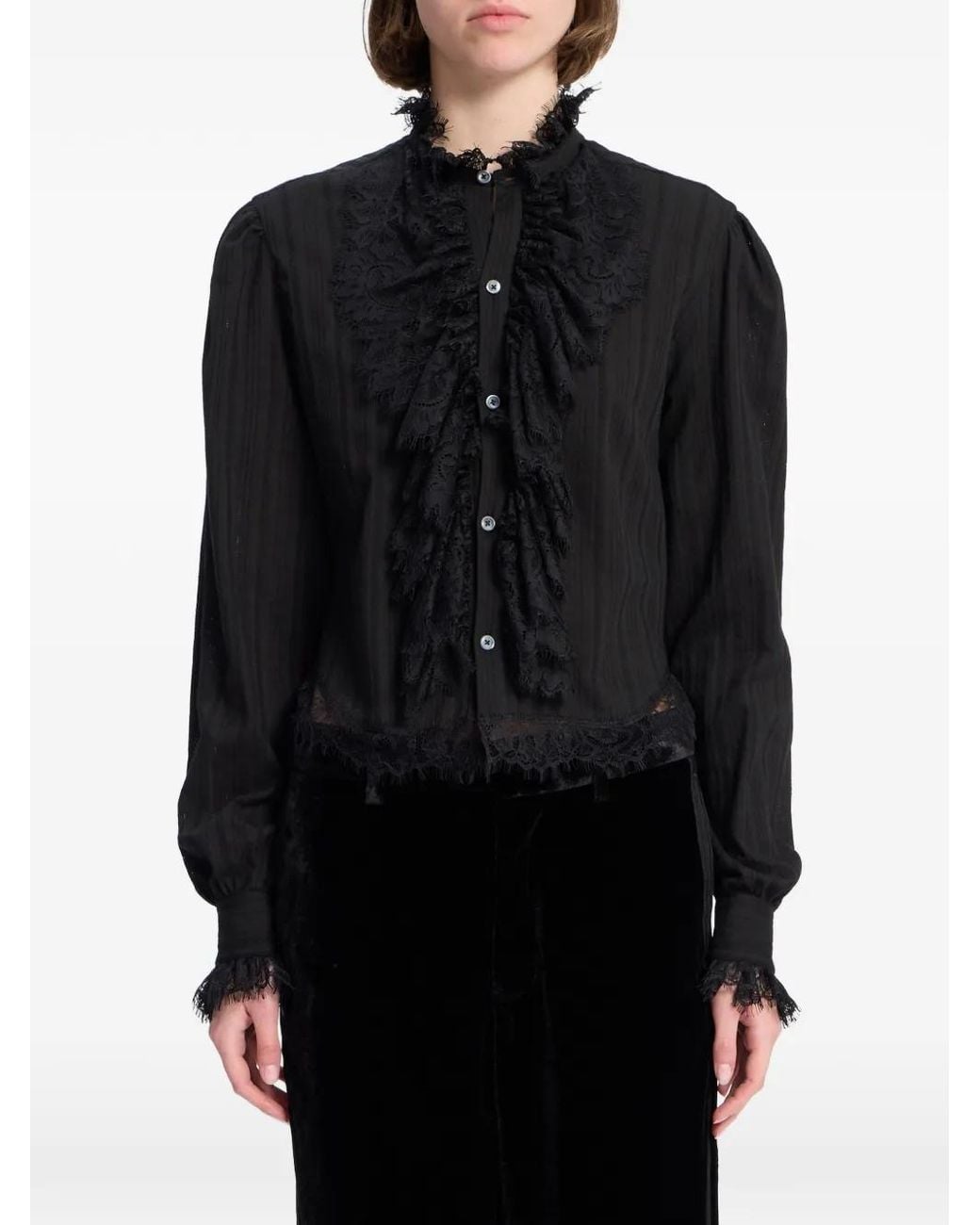 Ann Demeulemeester Black Lace-Trimmed Ruffled Shirt