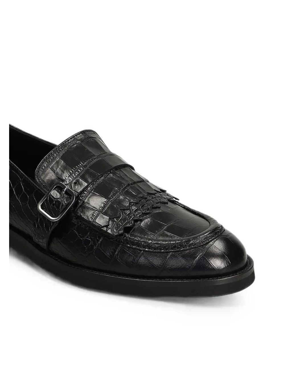 Pedro Miralles Black Fringed Crocodile-Effect Loafers