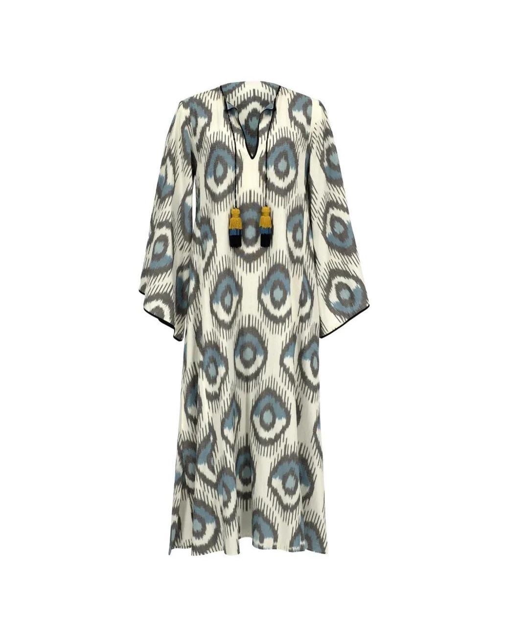 Punicana White Tassel-Embellished Ikat-Print Maxi Dress