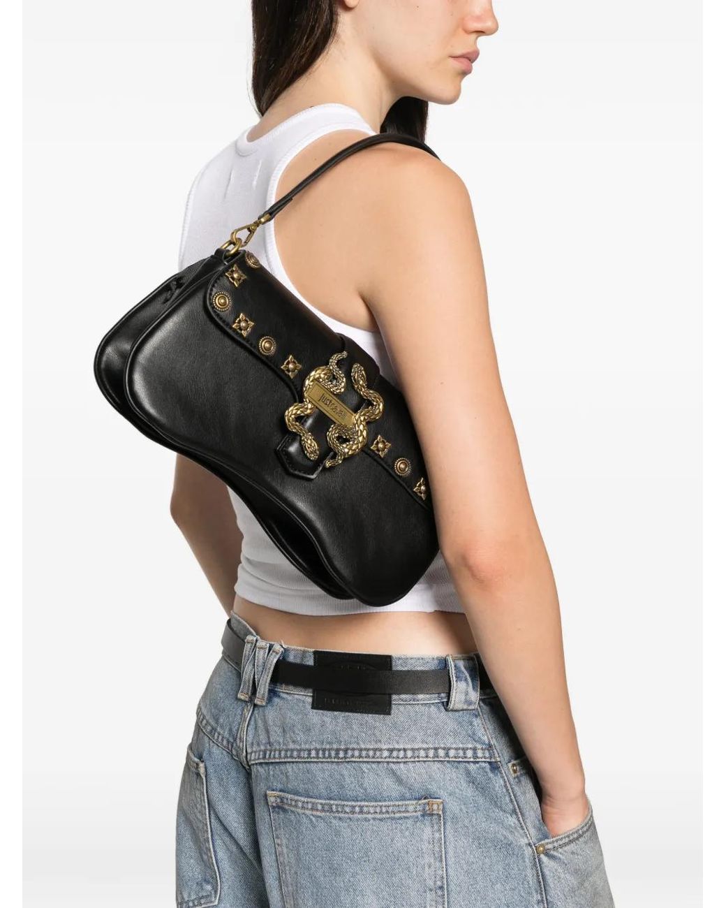 Just Cavalli Black Snake-Plaque Studded Shoulder Bag