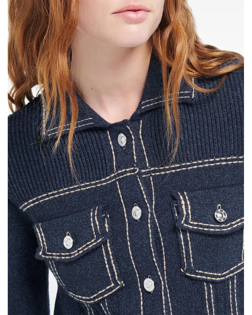 Barrie Blue Contrast-Stitch Knitted Jacket