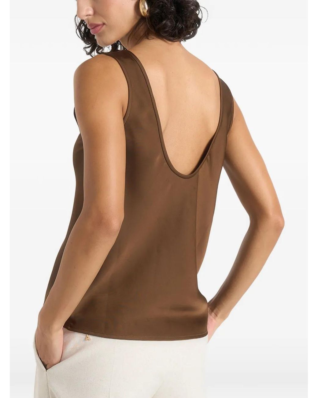 Manière De Voir Brown Sasha Satin Scoop Neck Open Back Tank Top