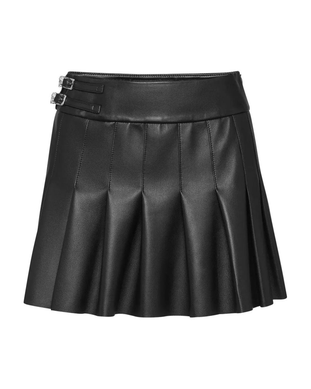 Philipp Plein Black Leather Pleated Mini Skirt