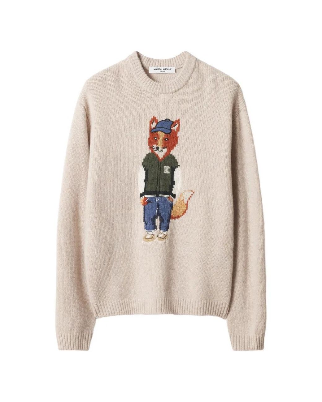 Maison Kitsuné White Fox-Intarsia Knitted Sweater for men