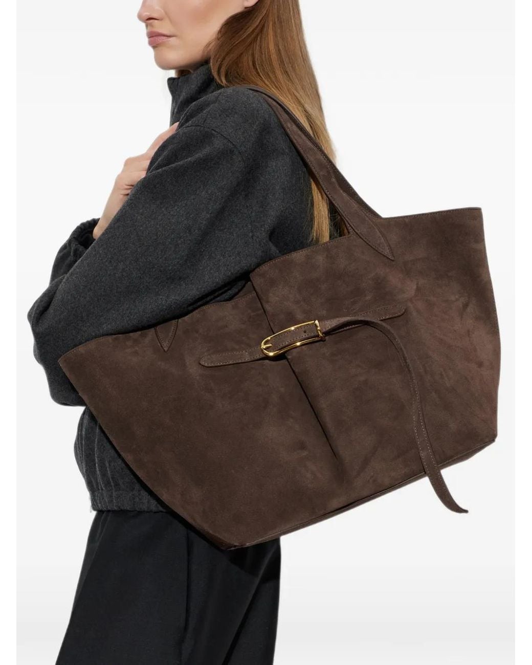 Liffner Brown Buckle-Detail Suede Tote Bag