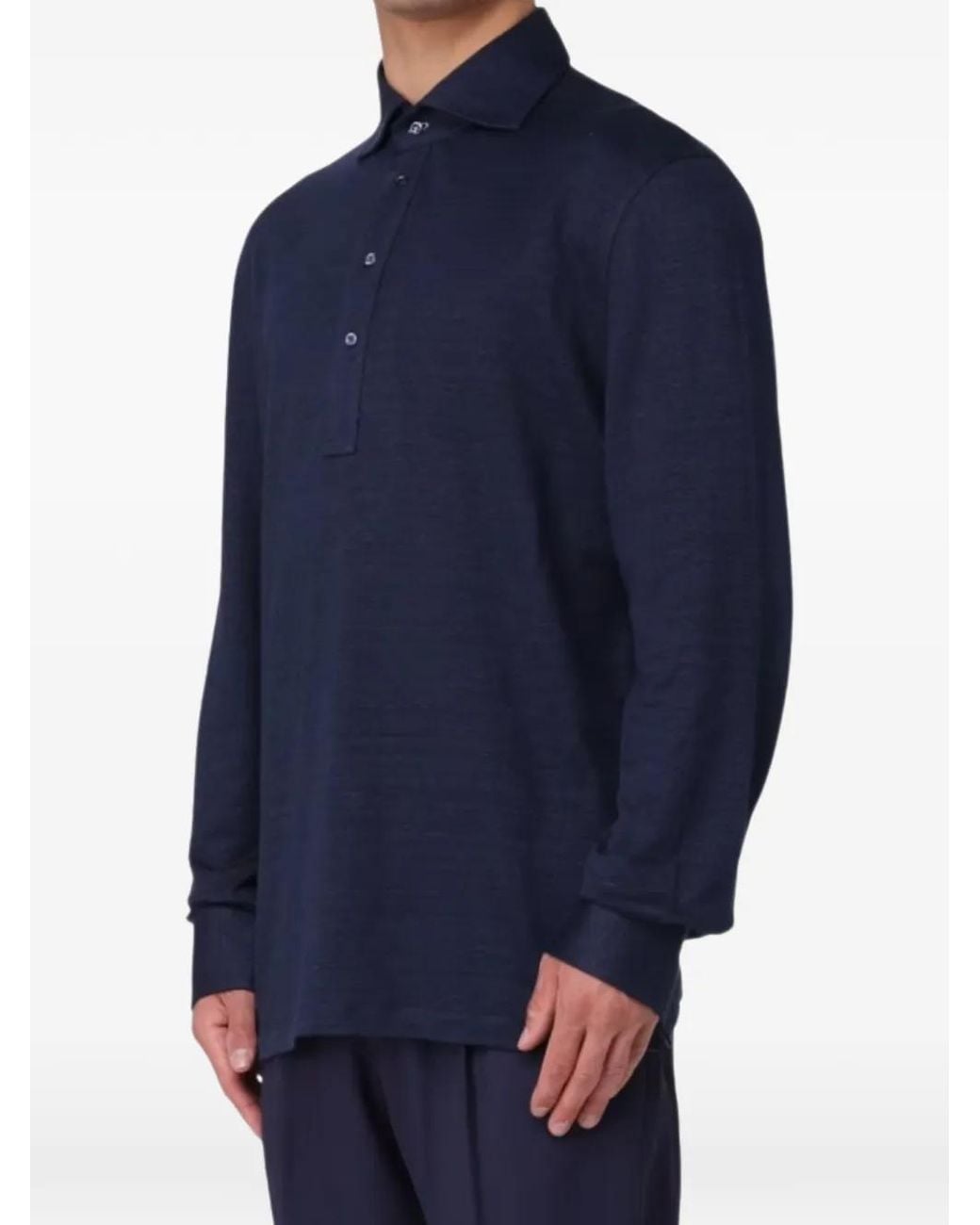 Brunello Cucinelli Blue Linen And Cotton Mélange Jersey Long Sleeve Polo for men