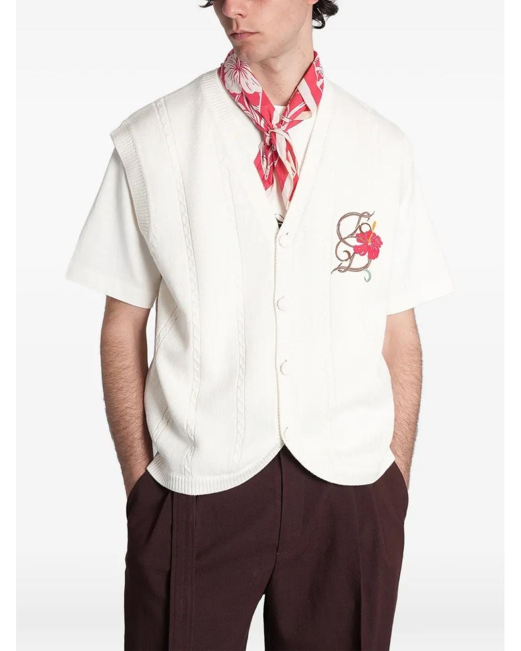 Drole de Monsieur White Floral-Embroidered Sleeveless Cardigan for men